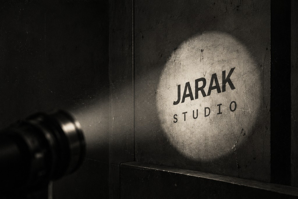 Lampe torche projetant le logo JARAK STUDIO sur un mur de béton