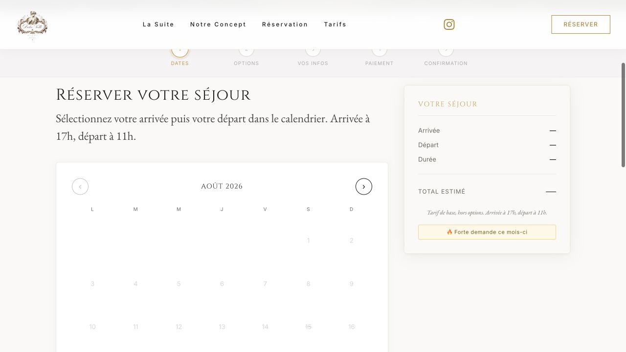 Calendrier de réservation et récapitulatif du séjour