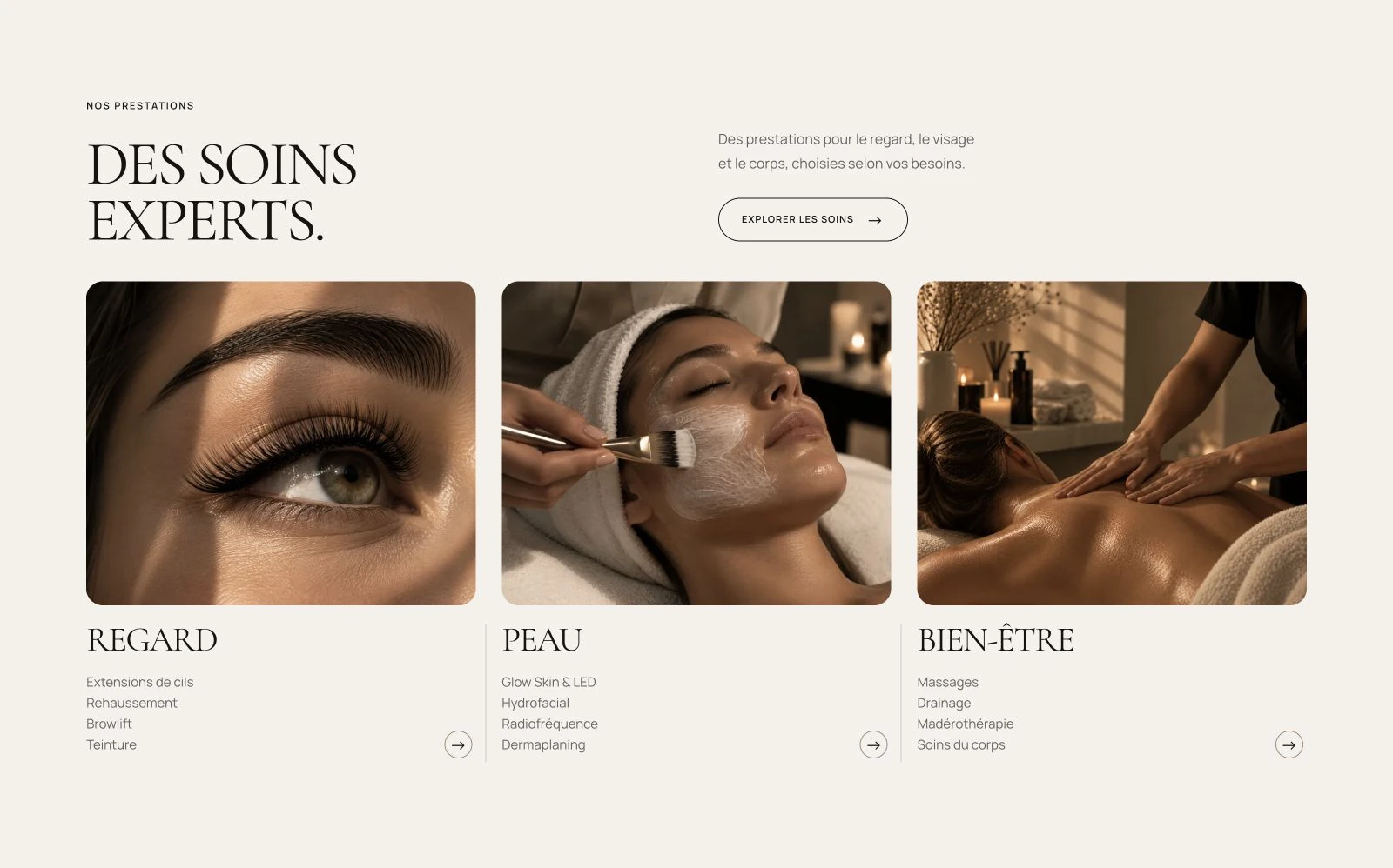 Capture de la section des soins : regard, peau et bien-être
